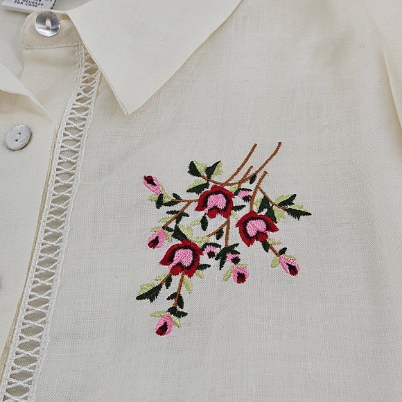 Vintage Embroidered Floral Linen Shirt‎ Top 22W Cream Romantic Coastal Blouse - Picture 2 of 9